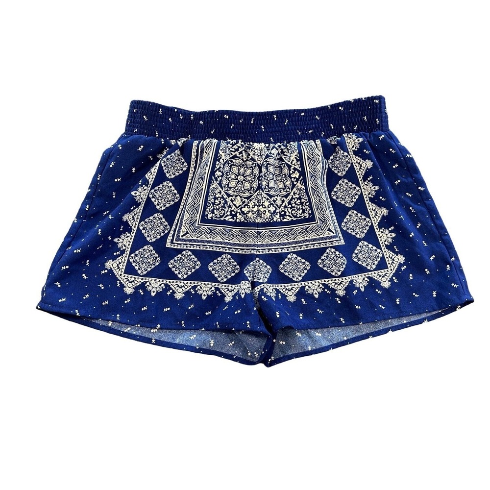 The Impeccable Pig Bandana‎ Print Shorts Womens Sz L Blue Elastic Waist Boho